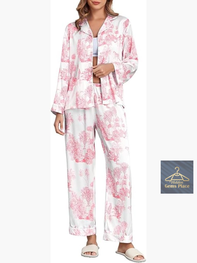 Silk Satin Pajama Set V-Neck Button Up Long Sleeve Loungewear Medium